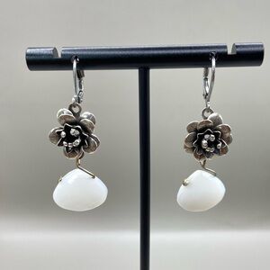 Silver Rose White Chalcedony Dangle Earrings